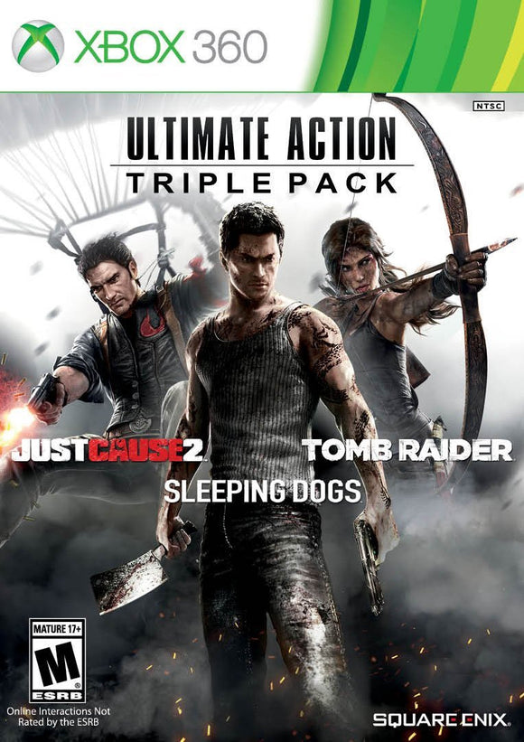 ULTIMATE ACTION TRIPLE PK JUST CAUSE 2/TOMB RAIDER/SLEEPING DOGS (used) - Xbox 360 GAMES